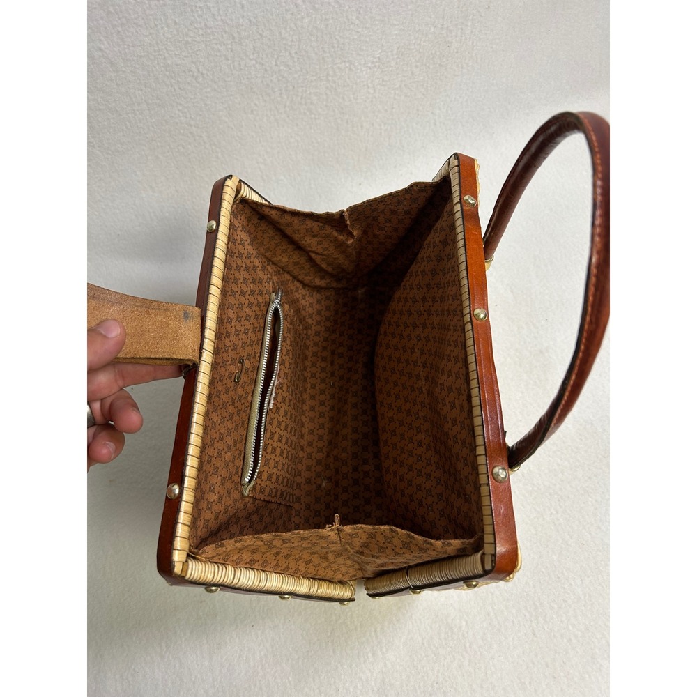 Cottagecore Vintage Women Medium Brown Wicker Leather Satchel Classic Timeless - Picture 10 of 12